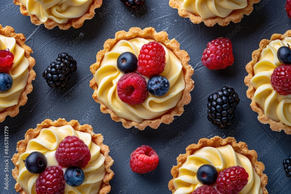 Tartlets with custard and summer berries view from above Tartlets with custard and summer berries view from above