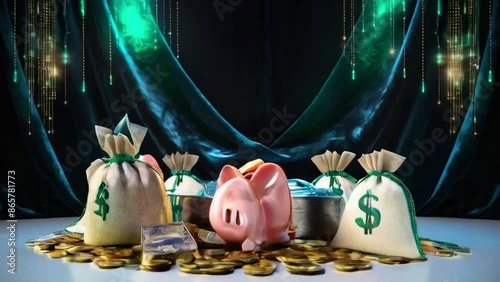 A pink piggy bank sits in front of three green money bags on a table covered in gold coins. photo