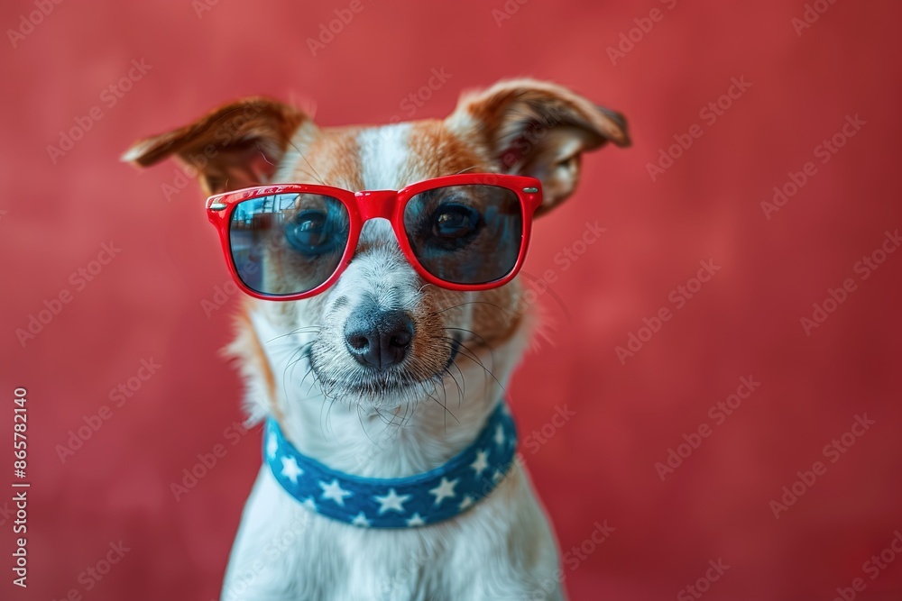 Portrait of proud dog in stars and stripes sunglasses with American flag bow tie on green background Portrait of proud dog in stars and stripes sunglasses with American flag bow tie on green background