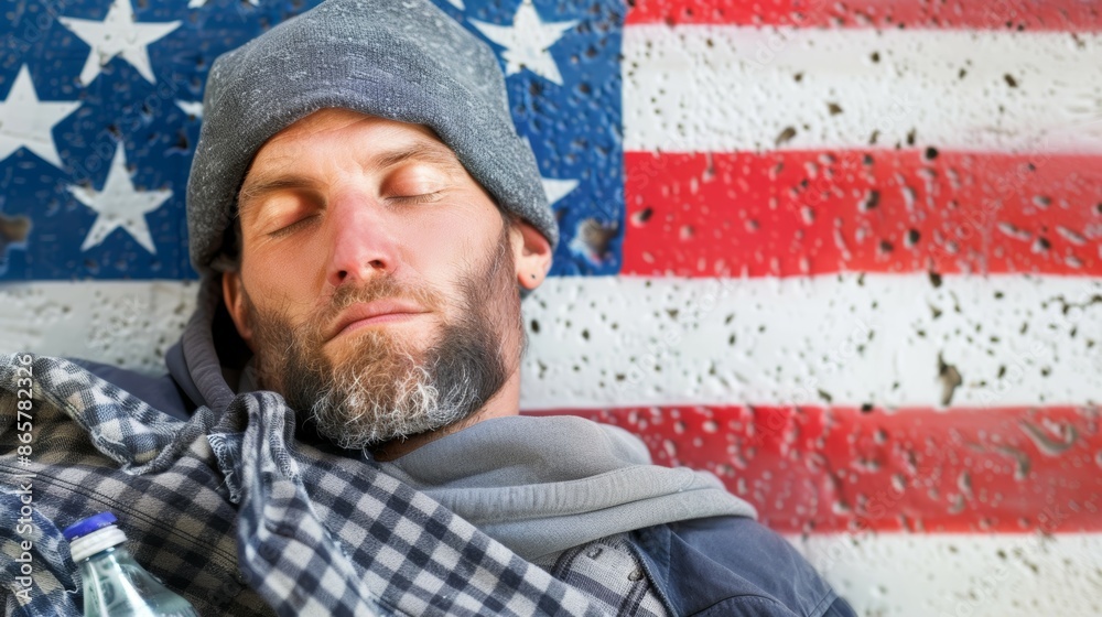 A man is sleeping on a wall with an American flag behind him, social problem of homeless people in the USA A man is sleeping on a wall with an American flag behind him, social problem of homeless people in the USA