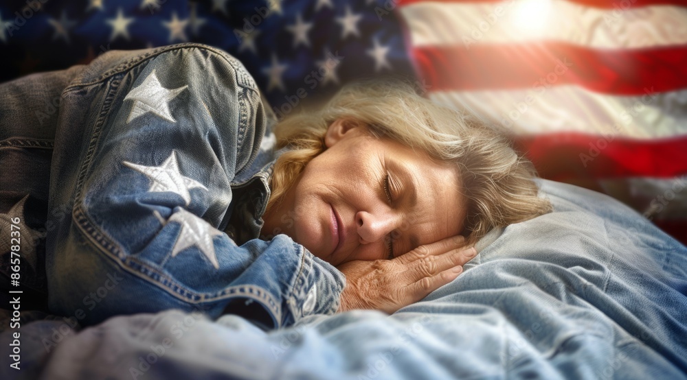 A woman is sleeping on a bed with a blue pillow, social problem of homeless people in the USA A woman is sleeping on a bed with a blue pillow, social problem of homeless people in the USA