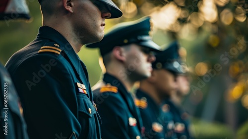A group of men in military uniforms are standing in a line, 4th July Independence Day USA concept