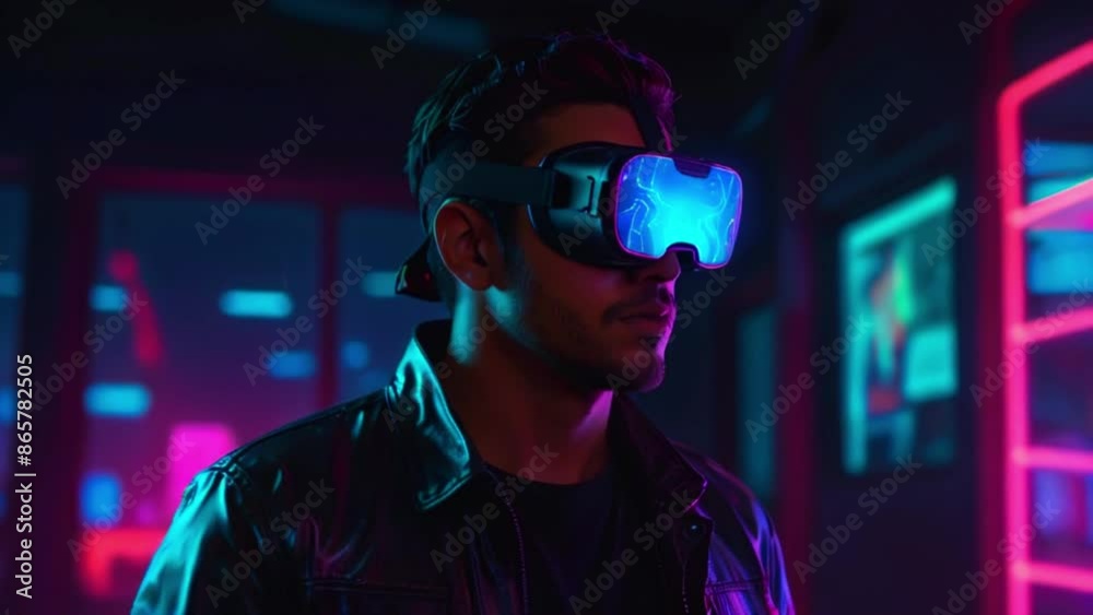 A man wearing a virtual reality headset with a blue screen is standing in a dark room illuminated by pink and blue lights. A man wearing a virtual reality headset with a blue screen is standing in a dark room illuminated by pink and blue lights.