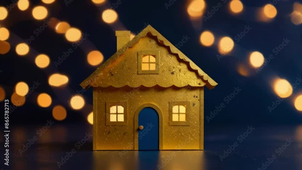 A small gold house is sitting on a reflective surface. There are many warm white lights out of focus in the background, and the house is lit as if there are lights inside. A small gold house is sitting on a reflective surface. There are many warm white lights out of focus in the background, and the house is lit as if there are lights inside.