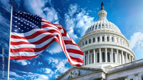 A large American flag is flying in front of the United States Capitol building, 4th July Independence Day USA concept
