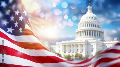 The American flag is waving in the wind in front of the Capitol building, 4th July Independence Day USA concept