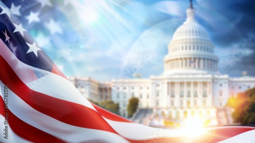 American flag is displayed in front of the United States Capitol building, 4th July Independence Day USA concept