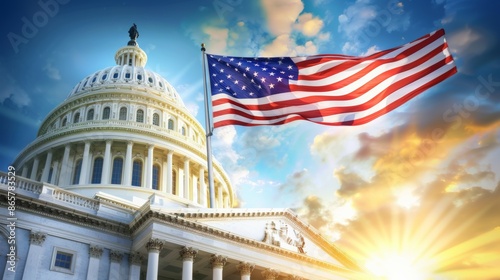 The American flag is flying in front of the Capitol building, 4th July Independence Day USA concept
