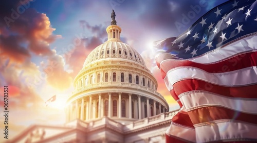 The United States Capitol building is lit up by the sun, 4th July Independence Day USA concept