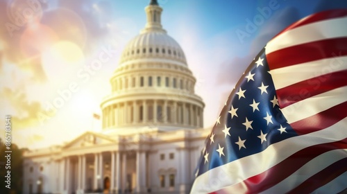A large American flag is flying in front of the United States Capitol building, 4th July Independence Day USA concept