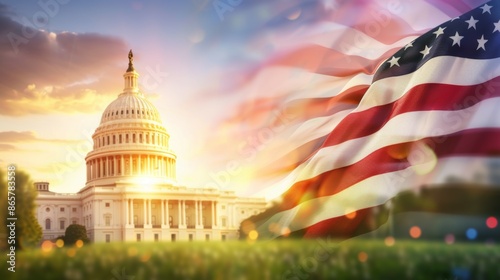 A large American flag is flying in front of the United States Capitol building, 4th July Independence Day USA concept