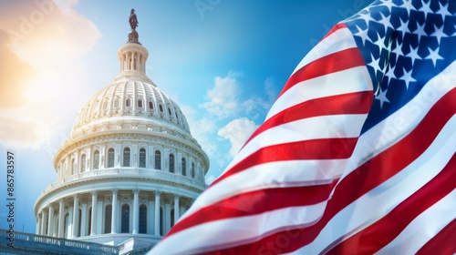 A large American flag is flying in front of the United States Capitol building, 4th July Independence Day USA concept