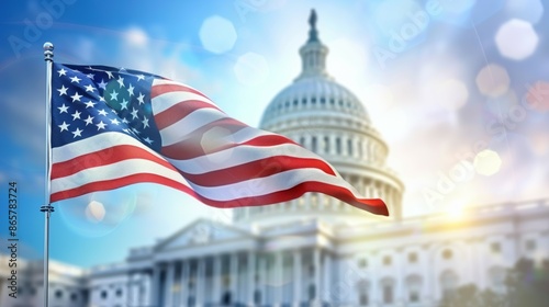 A large American flag is flying in front of the United States Capitol building, 4th July Independence Day USA concept