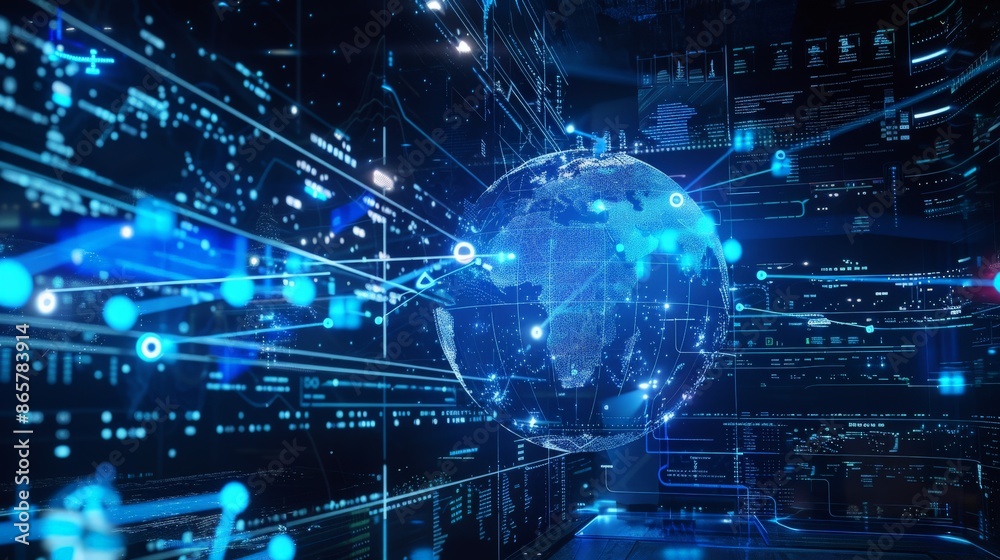 Futuristic hologram of a globe with data points and connections Futuristic hologram of a globe with data points and connections