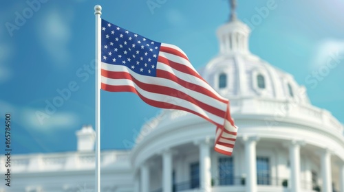 A large white building with a flag flying in front of it, 4th July Independence Day USA concept