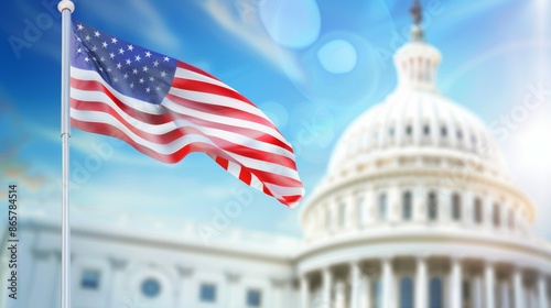A large American flag is flying outside the United States Capitol building, 4th July Independence Day USA concept