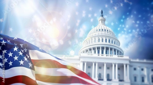 A large white building with a dome and a flag in front of it, 4th July Independence Day USA concept