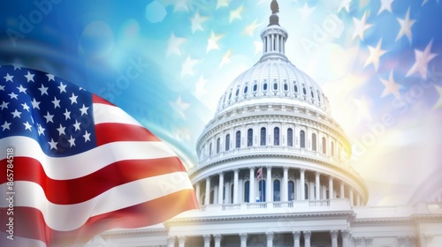 A large white building with a dome and a flag with stars and stripes, 4th July Independence Day USA concept
