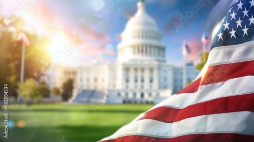 The flag is waving in the wind, and the sun is shining brightly on it, 4th July Independence Day USA concept