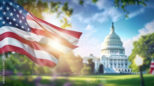 A large American flag is flying in front of the United States Capitol building, 4th July Independence Day USA concept