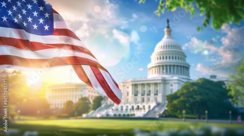 A large American flag is flying in front of the United States Capitol building, 4th July Independence Day USA concept