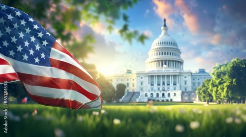 A large American flag is flying in front of the United States Capitol building, 4th July Independence Day USA concept