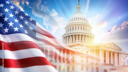 A large American flag is flying in front of the United States Capitol building, 4th July Independence Day USA concept