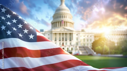 A large American flag is waving in front of the United States Capitol building, 4th July Independence Day USA concept