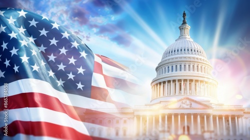 The flag is red, white, and blue, and it is waving in the wind, 4th July Independence Day USA concept