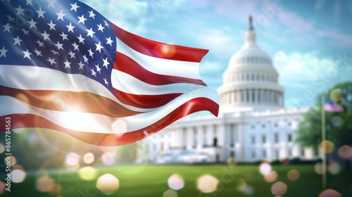 The flag is waving in the wind, and the sun is shining brightly on it, 4th July Independence Day USA concept