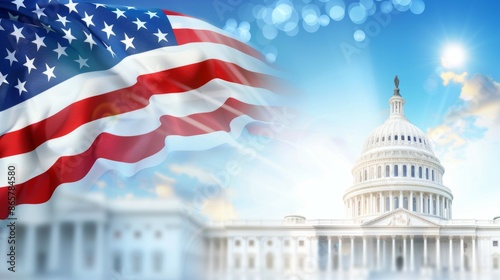 The flag is red, white, and blue, and it is waving in the wind, 4th July Independence Day USA concept