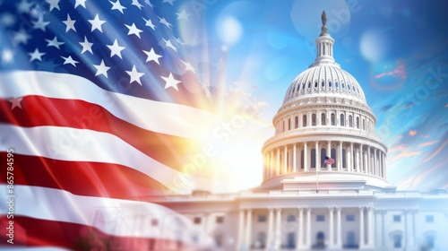 A large white building with a dome and a flag in the background, 4th July Independence Day USA concept