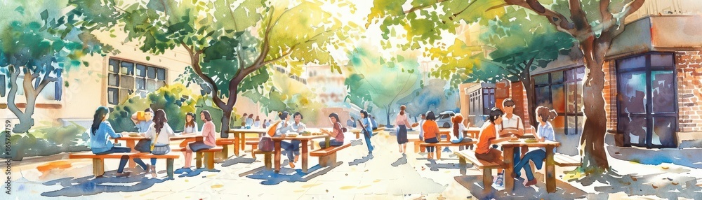 Students enjoying a lively lunch break in a sunny courtyard, watercolor depiction, student life, school friendships Students enjoying a lively lunch break in a sunny courtyard, watercolor depiction, student life, school friendships