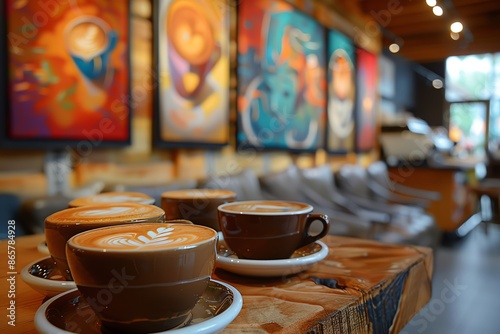 Cozy coffee shop interior with lattes on rustic table and colorful artwork on walls, creating a warm and inviting atmosphere.