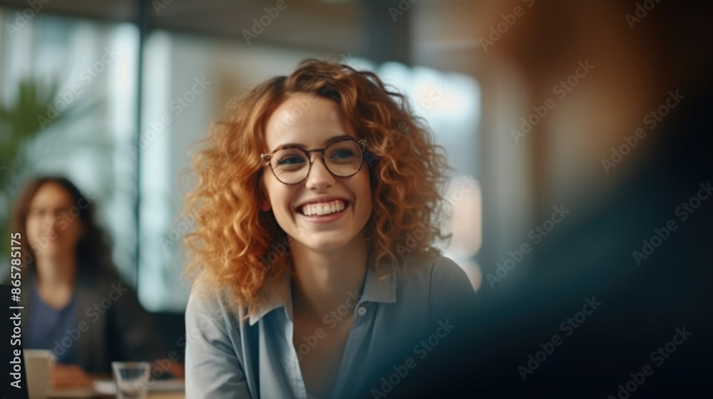 Charming woman in office, dressed in suit. She sits at a stylish modern desk and smiles sweetly. Diversity concept. Charming woman in office, dressed in suit. She sits at a stylish modern desk and smiles sweetly. Diversity concept.