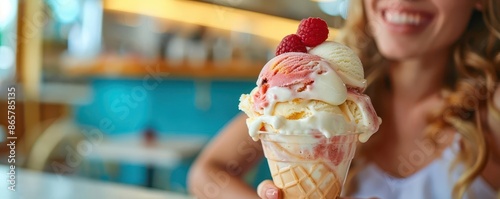 Woman enjoying a refreshing ice cream sundae on a hot day, indulgence, summer treat