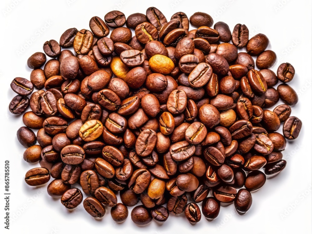 Obraz premium Scattered roasted coffee beans against a transparent background, showcasing their rich brown color and varied textures, evoking a sense of warmth and aromatic freshness.