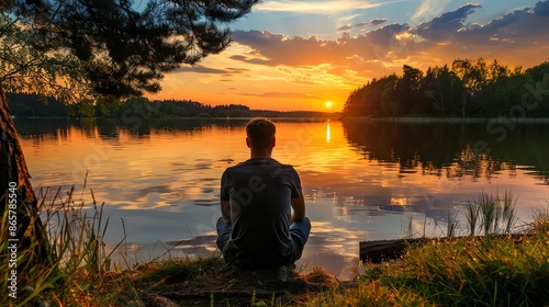 Silhouette of a man sitting by a lake at sunset.