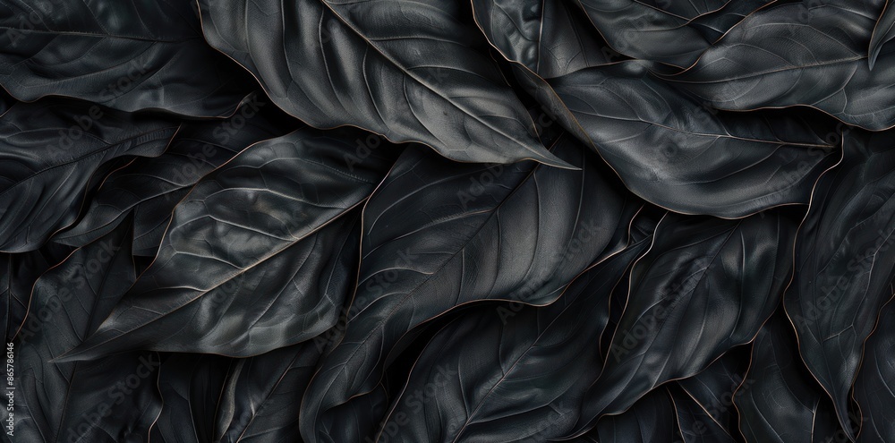 This photo features a cluster of black leaves adorned with glistening water droplets This photo features a cluster of black leaves adorned with glistening water droplets