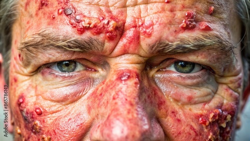 Close-up of inflamed, flaky, crusty, red skin on forehead, nose, and cheeks, with severe skin peeling and scaly texture. photo