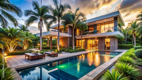 Luxurious modern mansion with sleek lines, lush greenery, and sparkling pool, set amidst picturesque palm trees and vibrant floral arrangements.