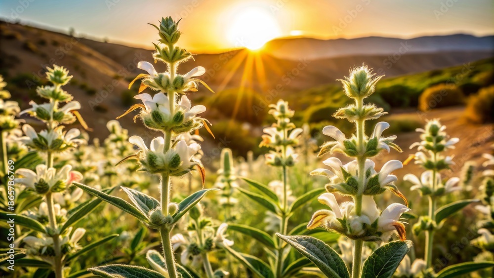 Delicate white Jerusalem sage flowers bloom amidst soft green foliage, set against a serene, sun-kissed Israeli desert landscape backdrop. Delicate white Jerusalem sage flowers bloom amidst soft green foliage, set against a serene, sun-kissed Israeli desert landscape backdrop.