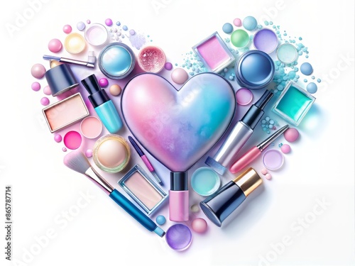 Soft, whimsical pink and blue gradient heart floats effortlessly amidst a scattering of beauty essentials, including lip gloss, eyeshadow, and mascara, on a white background.