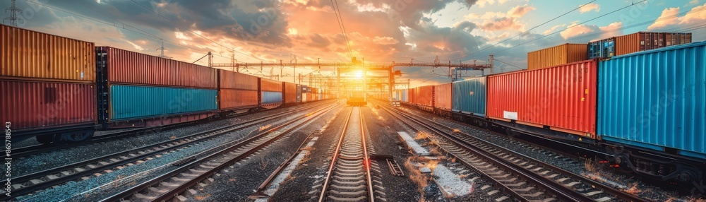 Industrial Freight Train Transporting Cargo Containers Through Urban Landscape Industrial Freight Train Transporting Cargo Containers Through Urban Landscape
