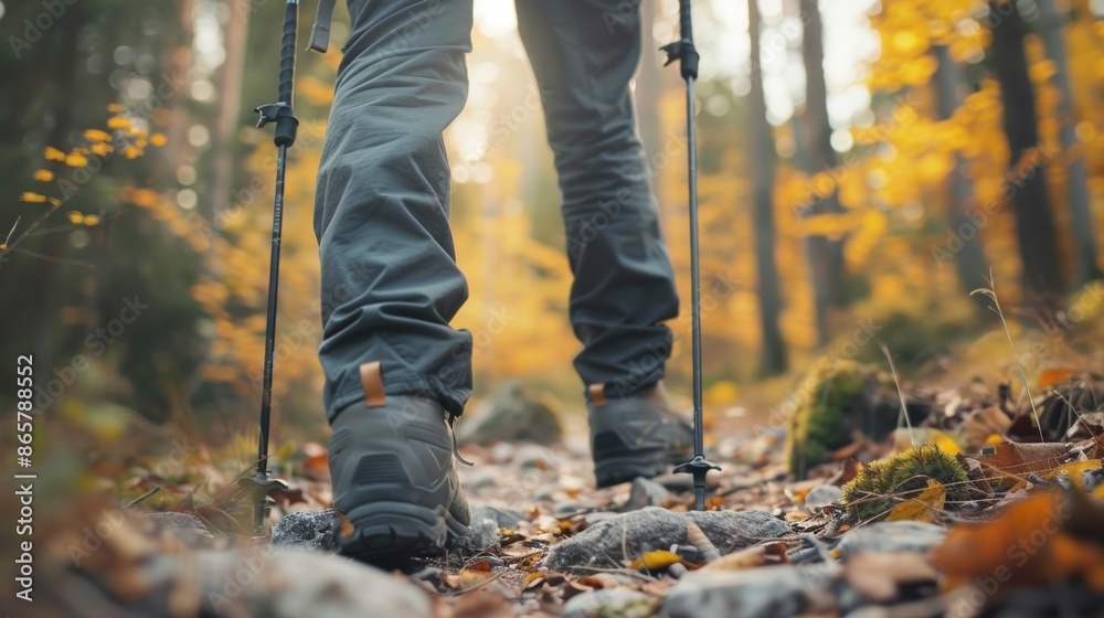 A person is walking through a forest with a pair of hiking poles, hiker's equipment A person is walking through a forest with a pair of hiking poles, hiker's equipment