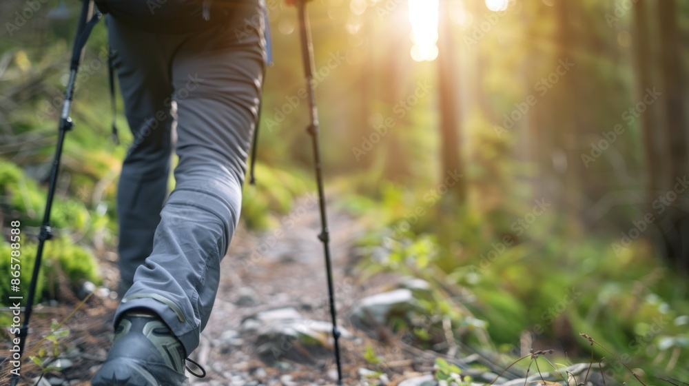 A person is walking through a forest with a backpack and hiking poles, hiker's equipment A person is walking through a forest with a backpack and hiking poles, hiker's equipment