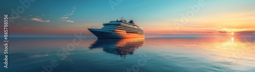 Serene Luxury Cruise Ship Voyage on Calm Blue Waters with Horizon in Background © Sunshine