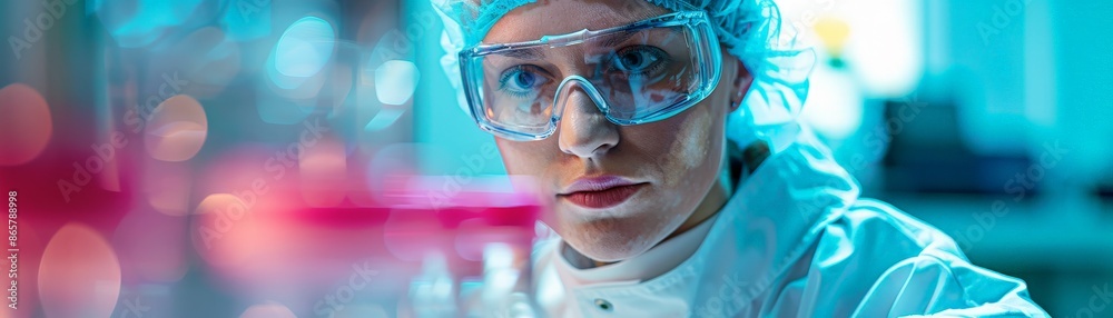Modern Lab Scientist Conducting Experiments with Precision in Protective Gear Modern Lab Scientist Conducting Experiments with Precision in Protective Gear