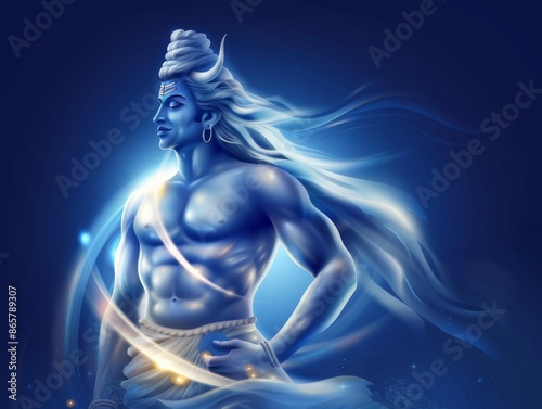 A blue figure with long hair and a beard stands in front of a circle, Indian god in Hinduism in India