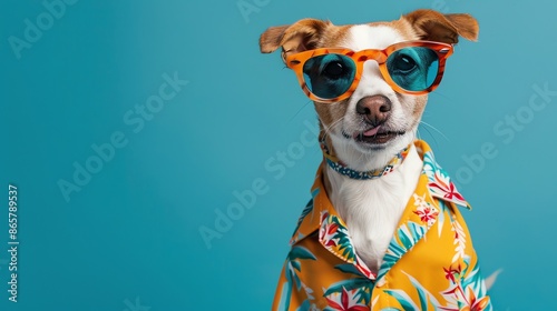 A dog wearing a tropical shirt and sunglasses is looking at the camera. photo